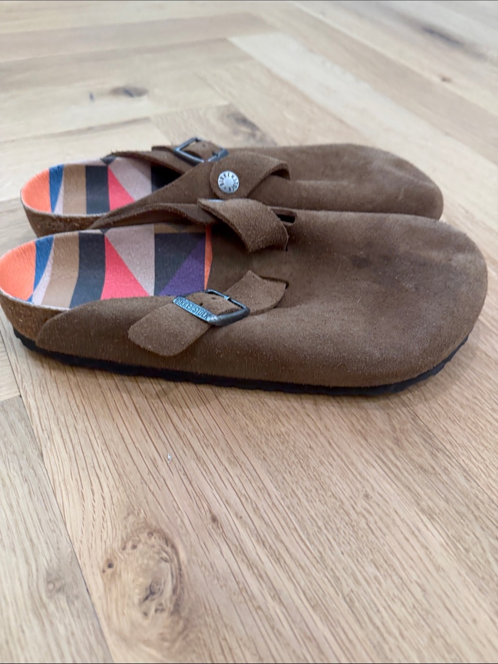 Birkenstock Brown Suede Clogs with Colorful Geometric Insole - Picture 3 of 5
